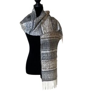 Geoffrey‎ Beene Cashme Acrylic Scarf Grey Cream 11x62" Fringe Classic Neutral